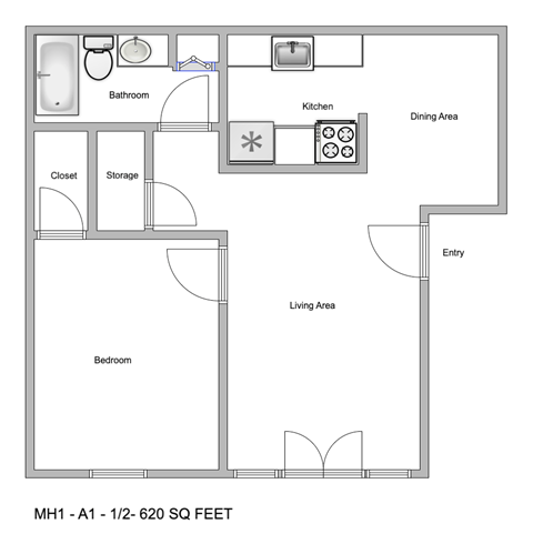 Floor plan for 1 bed, 1 bath, 620 sqft